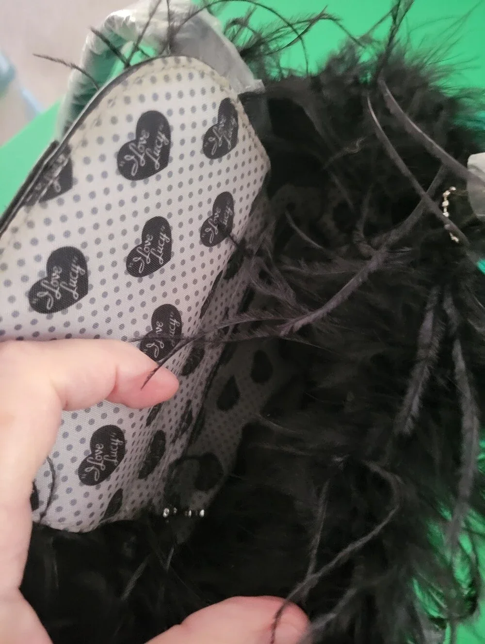 Unique Black “I Love Lucy” themed handbag w/black Ostrich Style Feathers